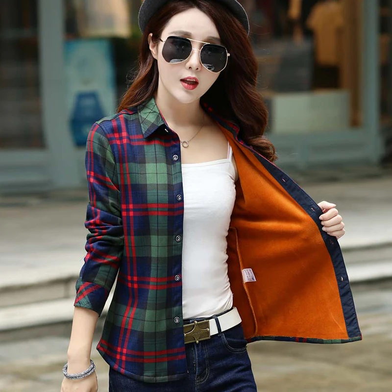 

Women Autumn Winter Warm Blouses Tops Blusa Camisa Femininas Cotton Long-sleeve Thick Velvet Plaid Shirt Flannel Shirts