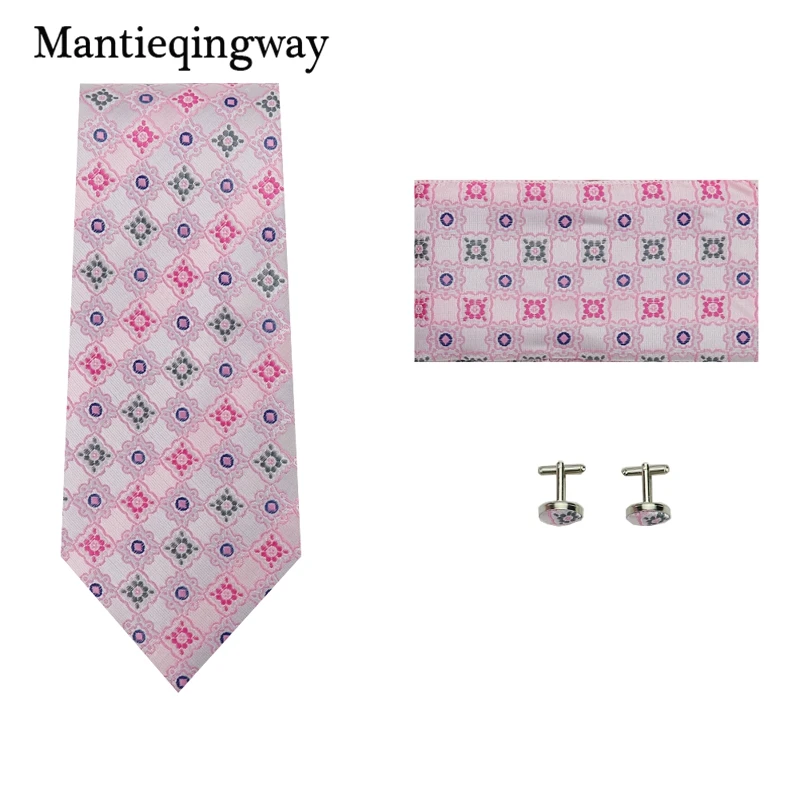 Mantieqingway розовый жаккардовый геометрический узор Kravat Набор для бизнеса 8,5 см Широкий Gravatas галстук носовой запонки набор для мужчин