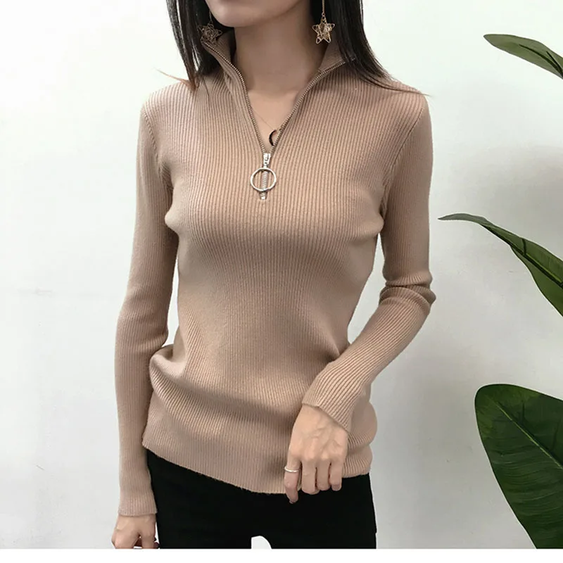 Вязаный свитер джемпер женский на весну и осень новинка базовый молнии с высоким