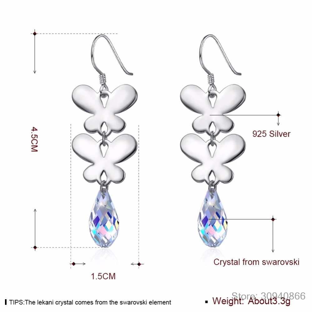 LEKANI оригинальные Кристаллы из SWAROVSKI бусины висячие серьги S925 серебро бабочка Длинные серьги-подвески для женщин вечерние подарки