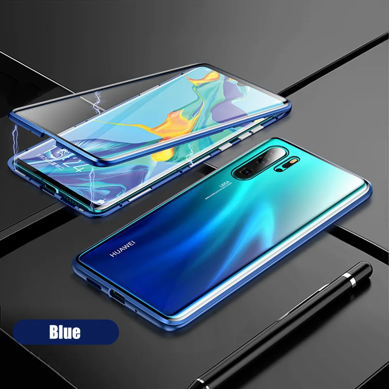 Магнитный чехол с двойным стеклом для huawei P30 20 mate 30 20 10 Pro P30 Lite Honor 20i 20 Nova 3 3i 5 закаленное стекло 360 Полное покрытие - Цвет: Blue