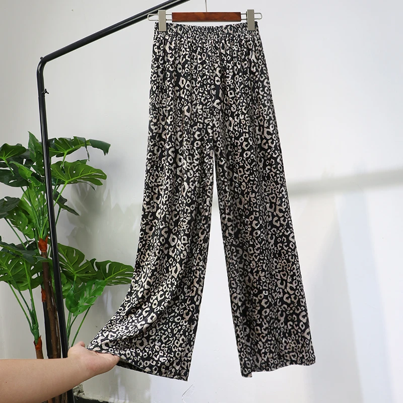 

Womens High Waist Leopard Printed Long Pants Loose Wide Leg Trousers Winter Velvet Elastic Waistband Stretch Casual Clubwear