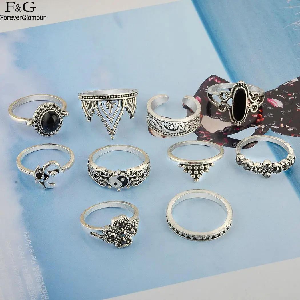 10 шт./компл. кольца набор стерлингов Серебряные Винтаж богемный Стиль элегантные