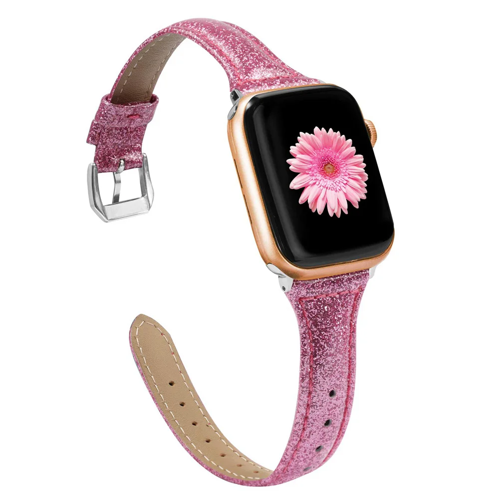 Тонкий блестящий кожаный ремешок для Apple Watch, 40 мм, 44 мм, для женщин, для iWatch, тонкий браслет, блестящий ремешок для серий 4, 3, 2, 1 издание - Цвет ремешка: DPurpleB