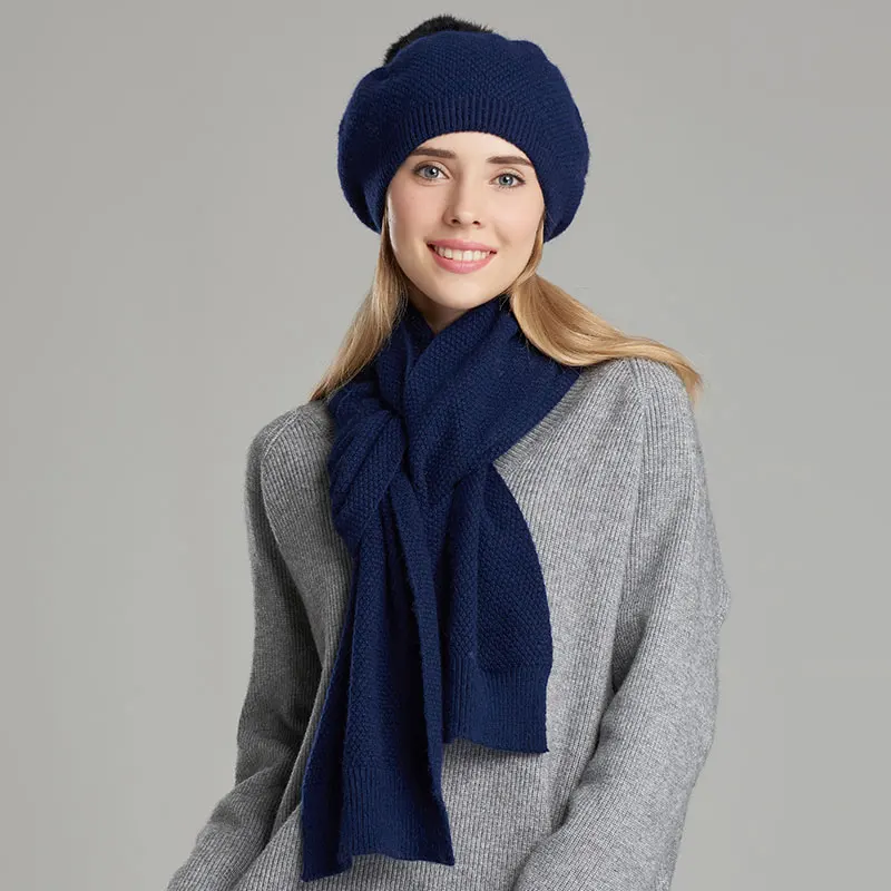 Женская Зимняя шерстяная вязаная шапка шарф с помпоном из кроличьей шерсти|knitted