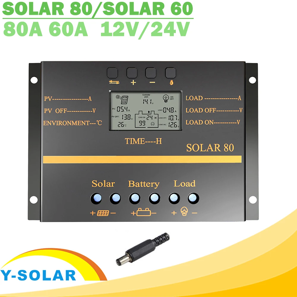 Y SOLAR 80A 60A PWM Solar Controller 12V 24V Auto Charger LCD Display Panel Battery Charging Regulator USB 5V|Солнечные