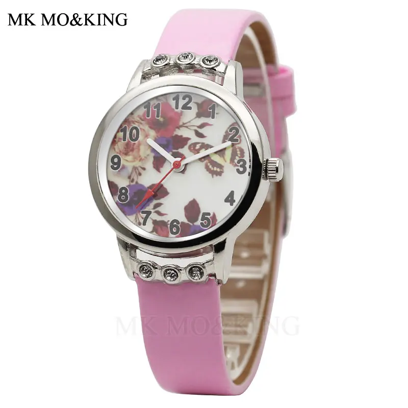 Горячие бабочки дети часы моды кристалла мультфильм Кожаный ремешок кварцевые