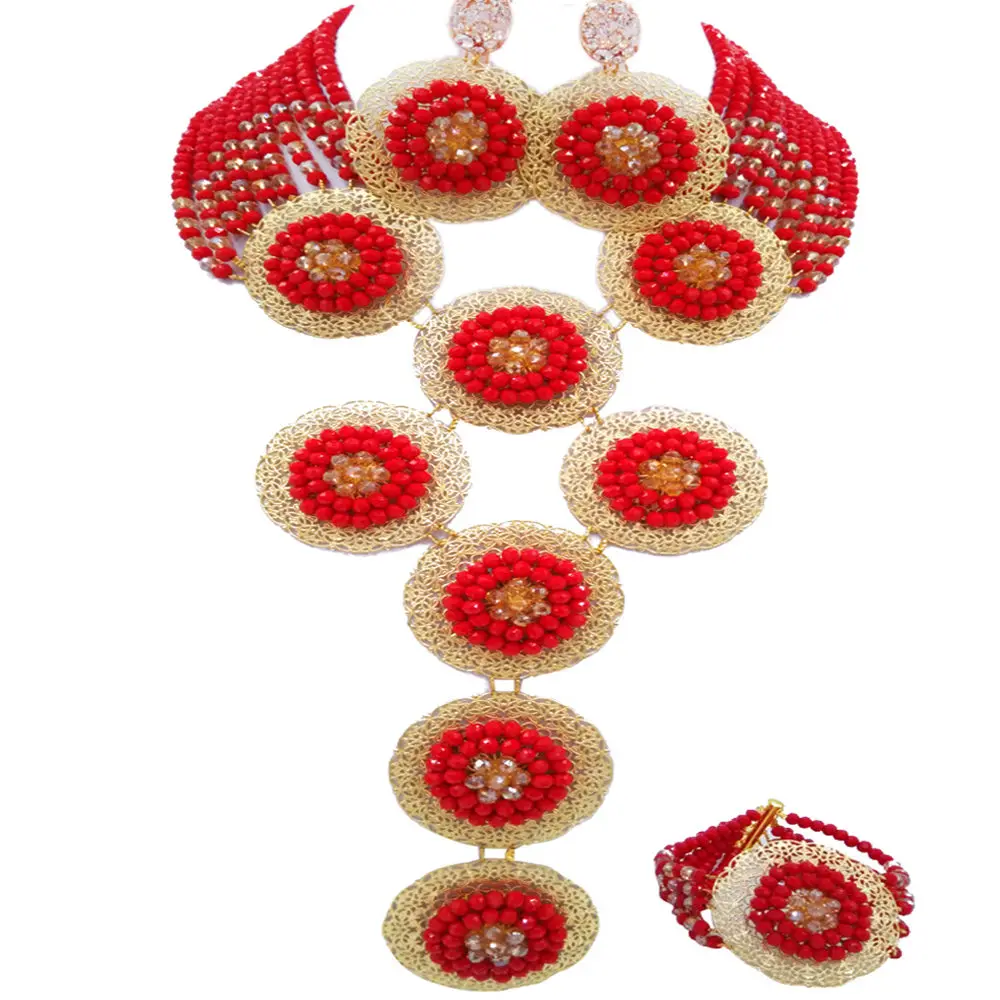 Fashion Opaque Red and Champagne Gold AB African Wedding Beads Necklace Bracelet Earrings Nigerian Jewelry Set for Women 9PHK06 | Украшения