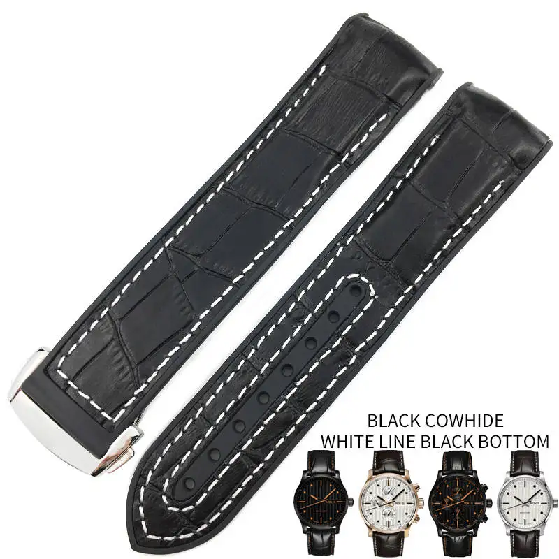 black leather white 19 мм, 20 мм, 21 мм, 22 мм, резиновые силиконовые браслеты для часов с нейлоновым ремешком, складной ремешок с пряжкой, подходит для часов Mido - Цвет ремешка: black leather white