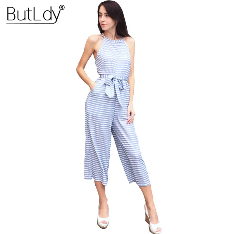Striped Jumpsuit Women Summer Sexy Casual Boot Cut Long Pants Jumpsuits Rompers Sashes Overalls Off Shoulder Bodysuit Playsuit | Женская