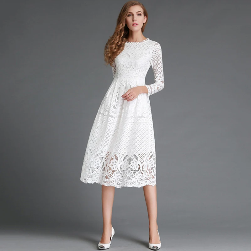 Весенние женские кружева выдалбливают Длинные платья Femme повседневная одежда