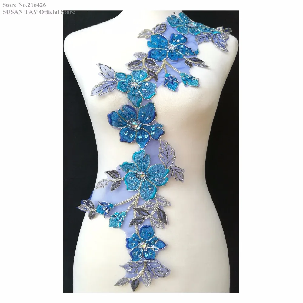 Новейший Ручной работы синий/Золотой вышито бисером с блестками 3D цветок