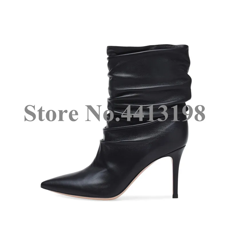 2018 мода плиссированные черный женские ботинки острый носок ботильоны на высоком