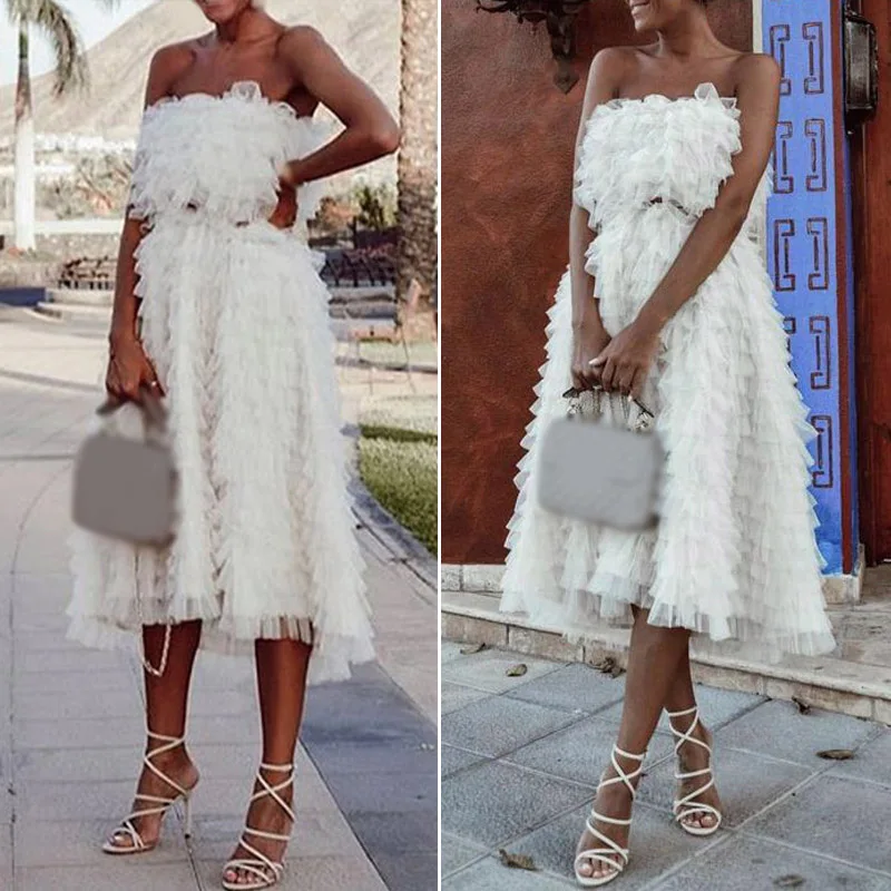 Элегантное женское платье без бретелек для выпускного бала многослойное