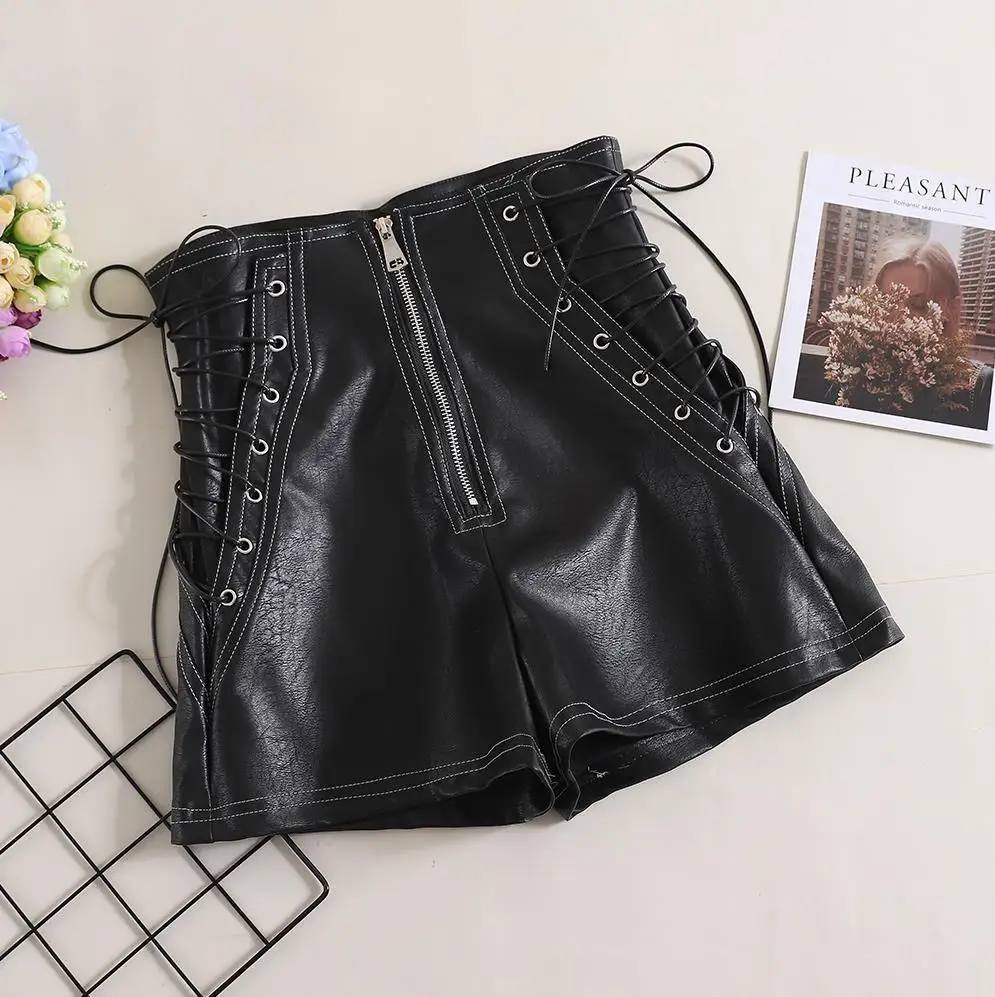1705 PU BLACK Женские шорты с высокой талией, шорты, женские шорты, шорты с перекрестными ремешками, юбки с высокой талией, шифоновые кожаные короткие штаны, короткие женские шорты - Цвет: 1705 PU BLACK