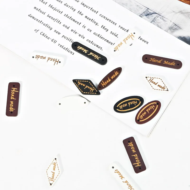 50/100pcs Handmade Oval Square Natural Wooden Button "Hand Made" Tags Applique for DIY Sewing Clothes Crafts Scrapbooking
