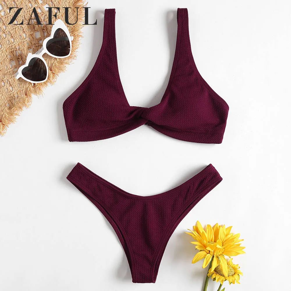 Женский бикини ZAFUL однотонный купальник с низкой талией текстурированный
