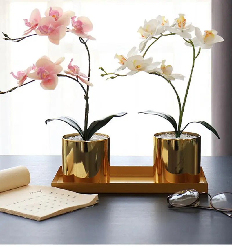 Искусственный фаленопсис украшения для дома в горшках магазин Кофейня горшечные украшения Керамические золотистая ваза украшения