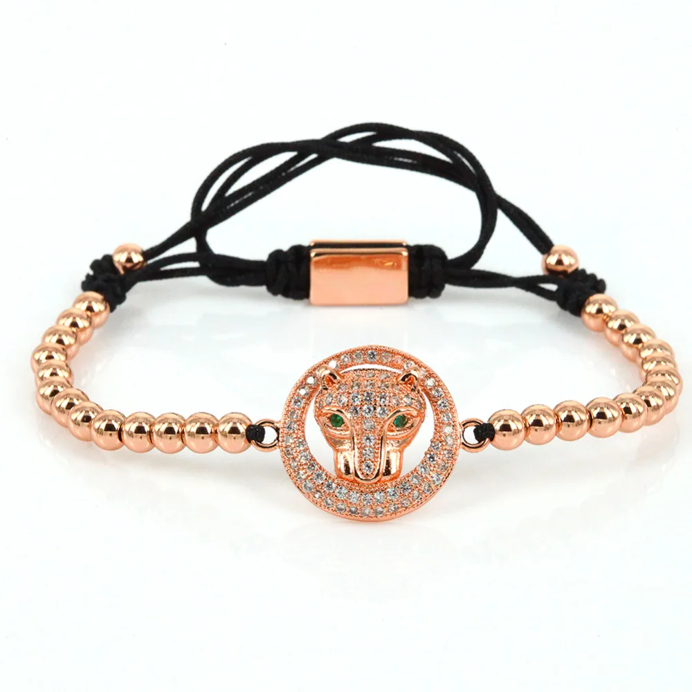2017 Anil Arjandas Macrame Bracelet Micro Pave CZ Leopard Head Charm Bracelets Green Eye Face 4mm Beads Mens | Украшения и