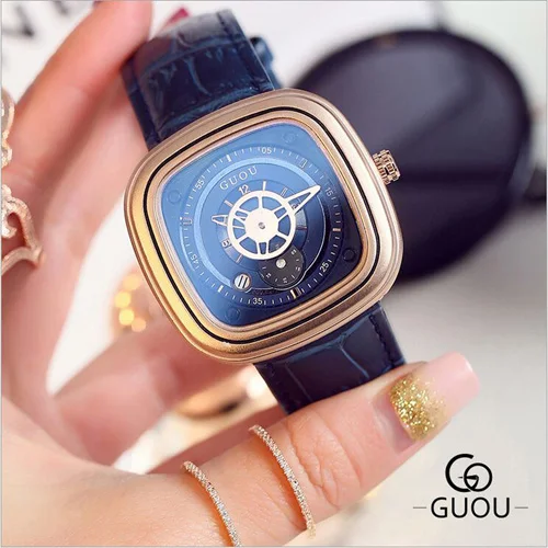Женские Часы GUOU женские часы бренд Reloj модный браслет из розового золота платье часы с календарем женские часы relogio feminino saat - Цвет: Синий