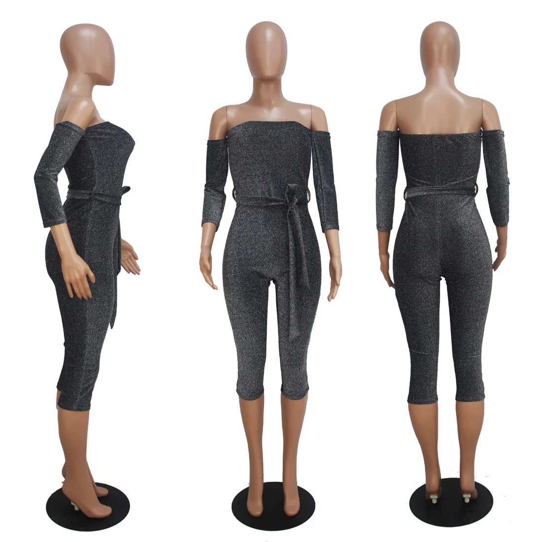 2019 new hot selling Sexy word collar gold and silver silk jumpsuit Skinny Solid suit for lady | Женская одежда