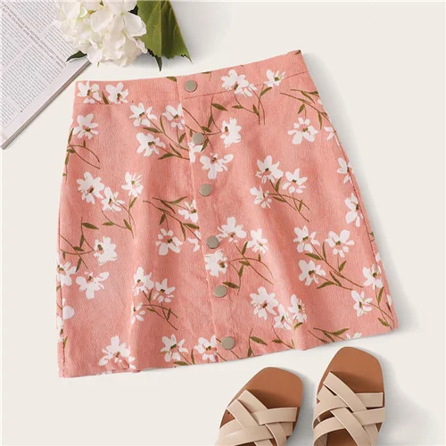 SHEIN юбка с цветочным принтом и пуговицами спереди, Boho, трапециевидная Осенняя Бархатная мини-юбка средней посадки, розовая женская простая короткая юбка - Цвет: Розовый