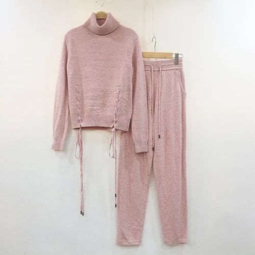 Pink Осенне-зимние модели, модный кружевной пуловер с высоким воротником, свитер, повседневные брюки, два комплекта Кашемирового костюма - Цвет: Pink