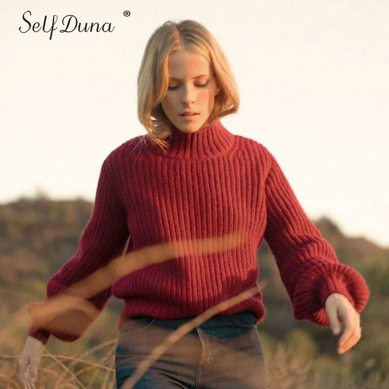 Self Duna 2018 Autumn Winter Half Turtleneck Sweater Soft Warm Knitted Pullover Red Grey Balck Casual Women Jumper | Женская одежда