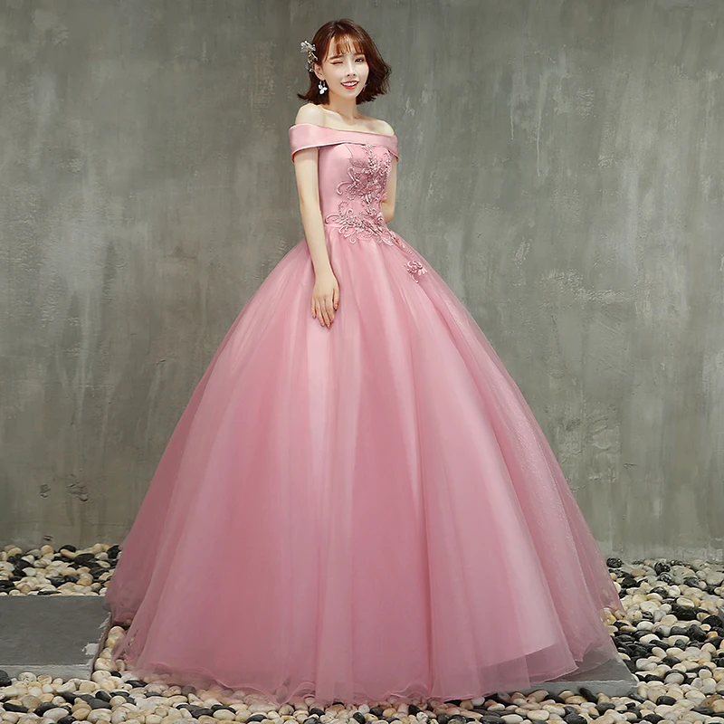 He's Bride New Sweet Pink Prom Dress Sexy Boat Neck Short Sleeve Floor-length Applique Party Ball Gown Robe De Soiree | Свадьбы и