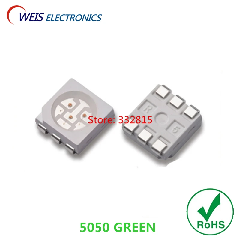 

50PCS 5050 TRUE GREEN LED SMD 520-525nm 2000-3000mcd 3.0-3.2V 120 angle super bright light beads RoHs Free shipping