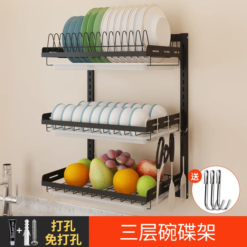 3-tier rack style C Черная кухонная полка из нержавеющей стали, настенная подвесная миска, держатель для посуды, держатель для ножей, посуда,, кухонная стойка для посуды - Цвет: 3-tier rack style C