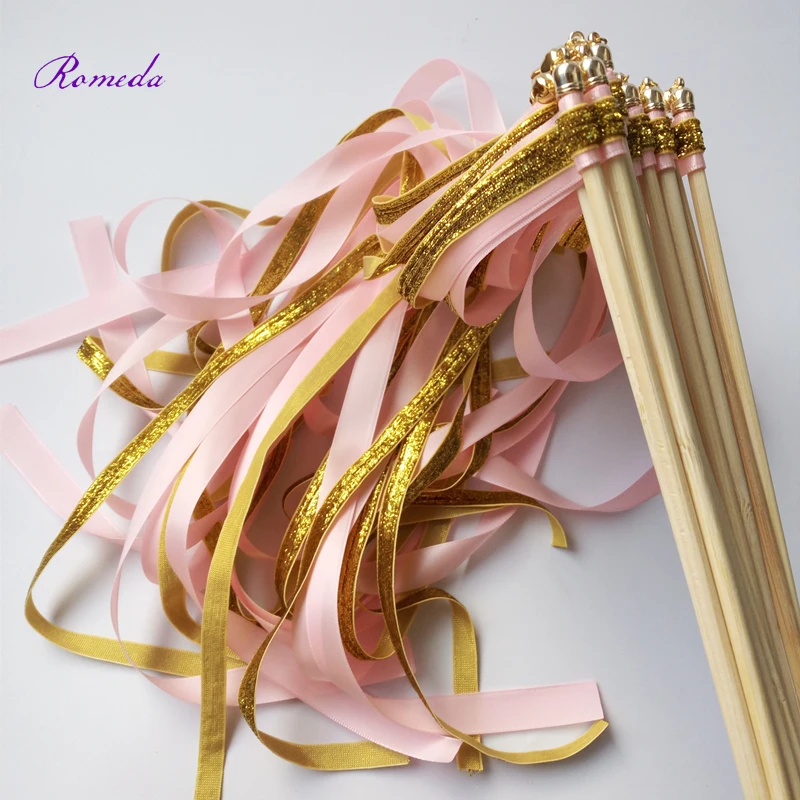 Hot Selling 50Pieces/Lot gold glitter + pink stain ribbon wands wedding stick confetti for party decoration | Дом и сад