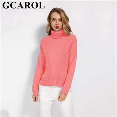 Watermelon Pink Женский свитер-водолазка GCAROL, теплый вязаный джемпер с разрезами по бокам, 7 цветов, пуловер большого размера со спущенными плечами на осень и зиму - Цвет: Watermelon Pink