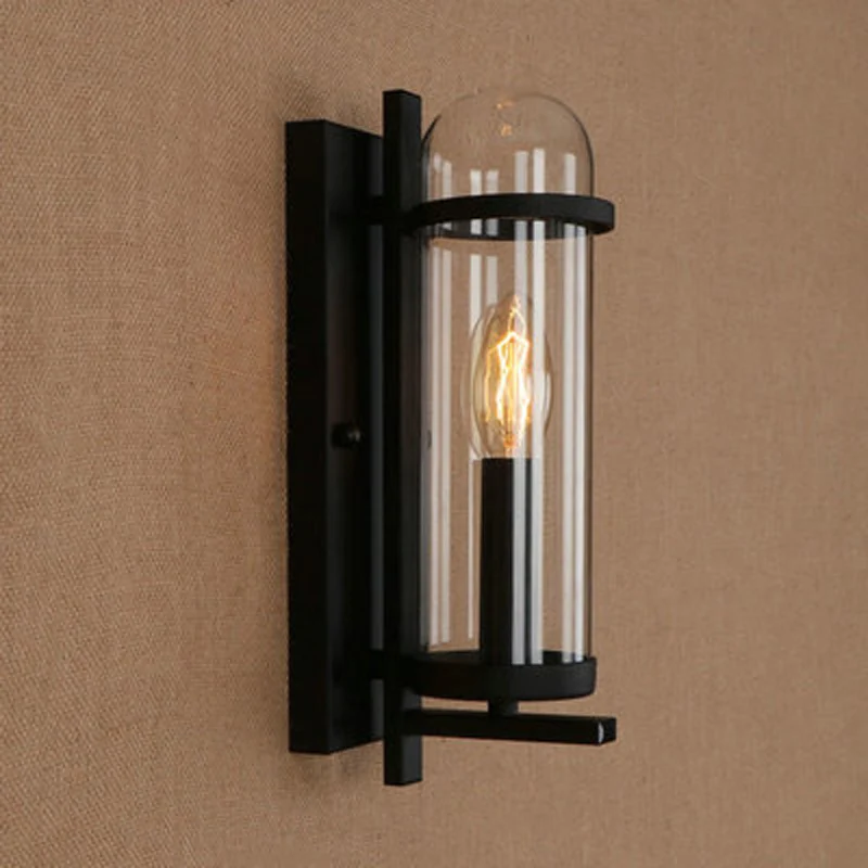

American attic retro cylindrical glass wall lamp industrial style restaurant bar study room front wrought iron wall lamp