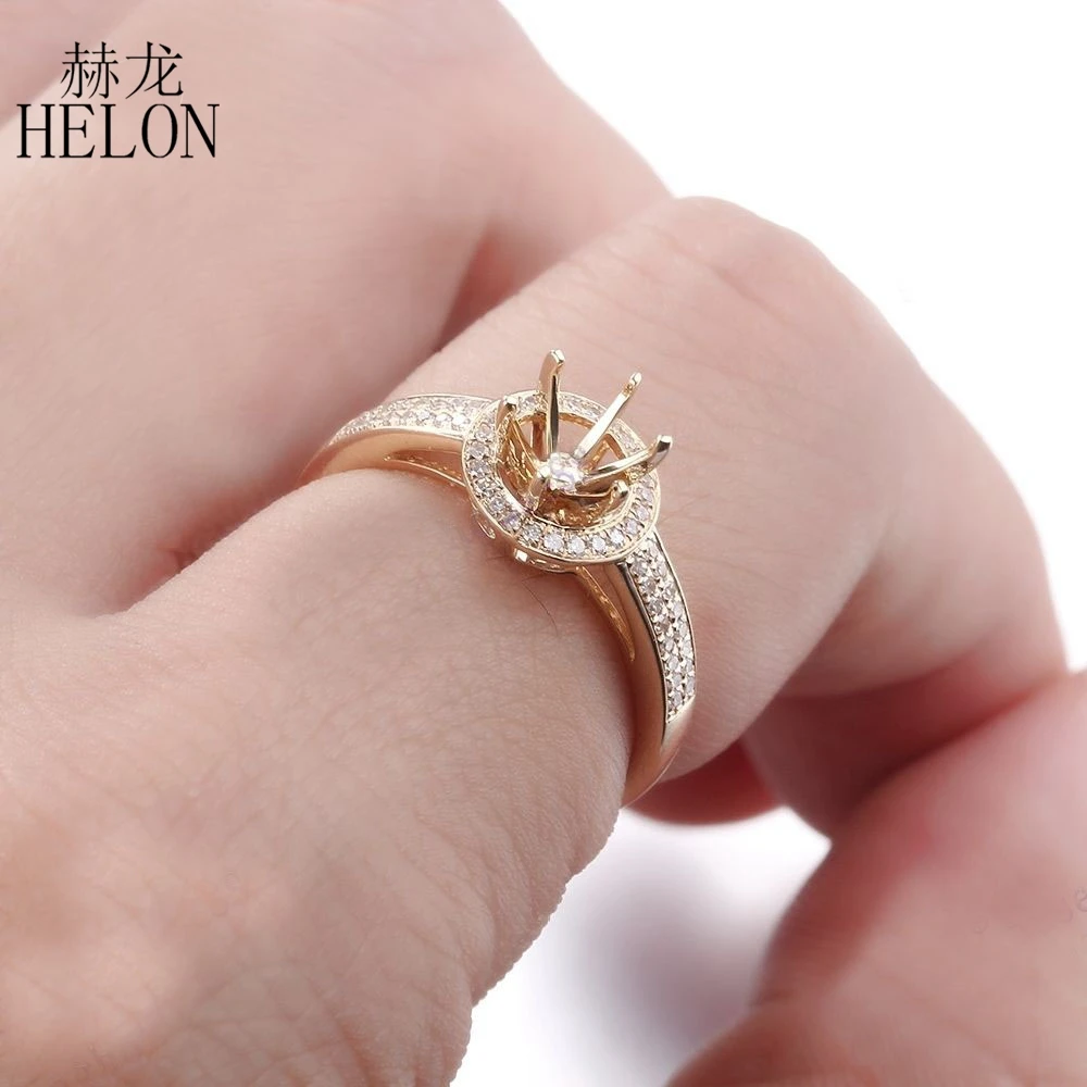 HELON Специальные! 14 K желтое золото 6 зубец 6 мм круглый разрез полу крепление тонкие бриллианты обручальное свадебное кольцо ювелирные изделия женские