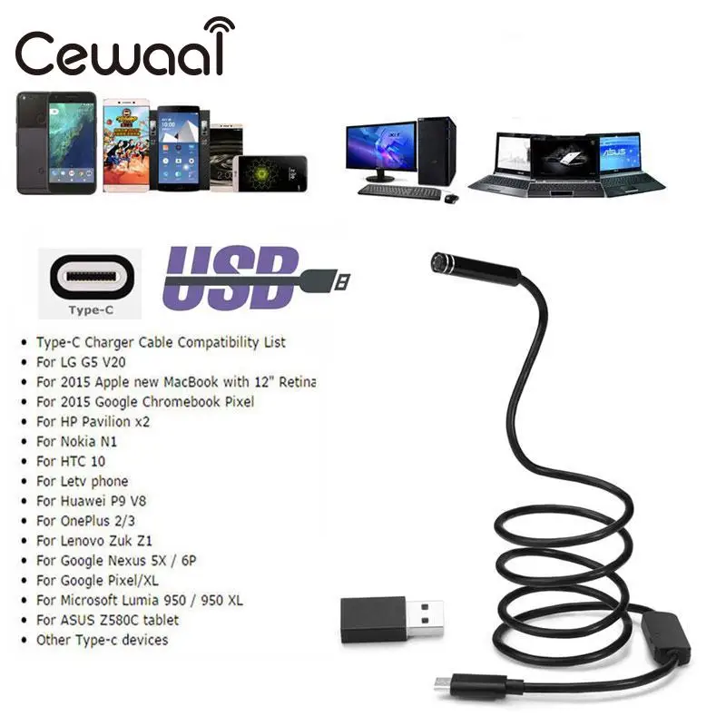 CEWAAL 8 мм 2MP 3 м Android телефон usb Тип C эндоскоп камера Водонепроницаемая видеокамера