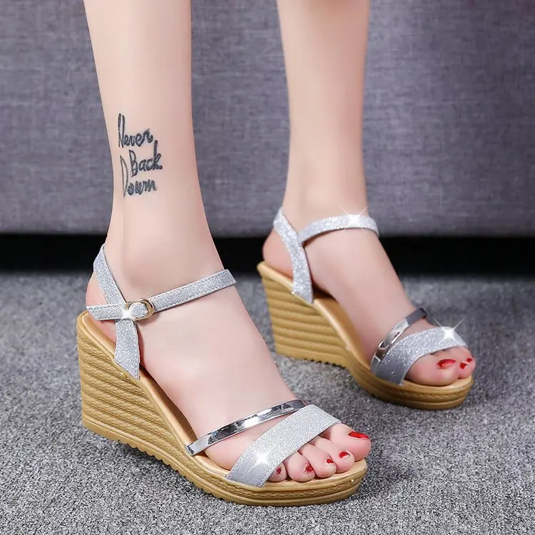 

Summer new solid color women's sandals sequins fashion women's sandals women's shoes with a height of 7.5 cm