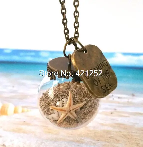 

10pcs Miniature Beach Globe - Sand Starfish - Necklace - Tiny Beach Glass Jewelry - Vial Jewellery