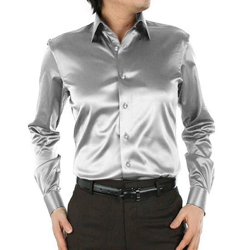 Мужские серебряные формальные повседневные рубашки Slim Fit жениха/жениха атласная