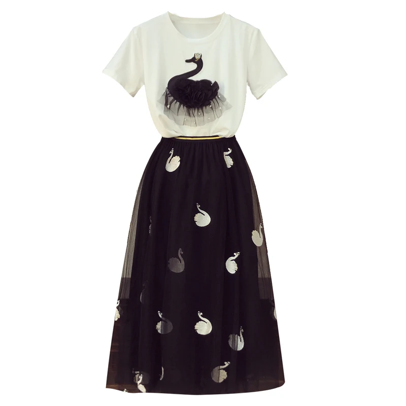 ALPHALMODA 2019 вышитая Лебедь жемчуг короткий рукав Футболка до середины икры марлевая