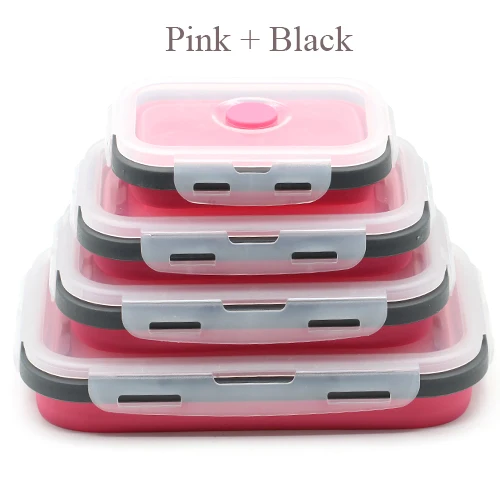 Pink Black Силиконовый складной Ланч-бокс для хранения фруктов, контейнер для хранения пищевых продуктов, Портативный Ланч-бокс, контейнер для хранения холодильника - Цвет: Pink Black
