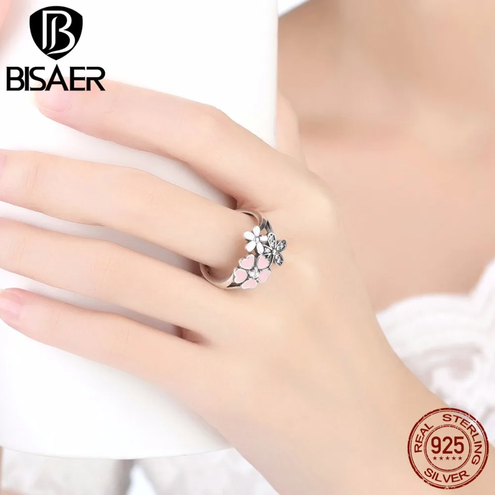 BISAER 925 пробы серебряный розовый цветок поэтическая Маргаритка вишневый цвет кольца для женщин ювелирные изделия из стерлингового серебра ECR004