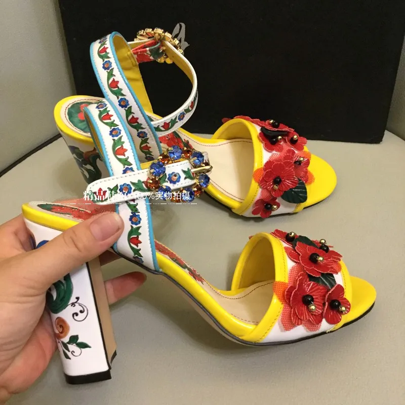 Женские босоножки на высоком каблуке с цветочным принтом EU35 41 размеры BY693 лето