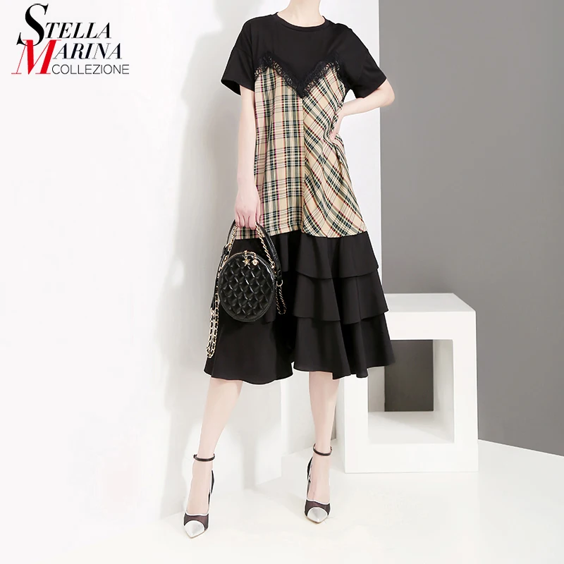 2019 корейский стиль женское летнее черное платье короткий рукав оборки подол