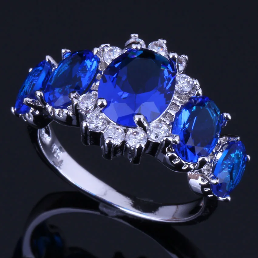 

Pleasant Oval Blue Cubic Zirconia White CZ Silver Plated Ring V0410