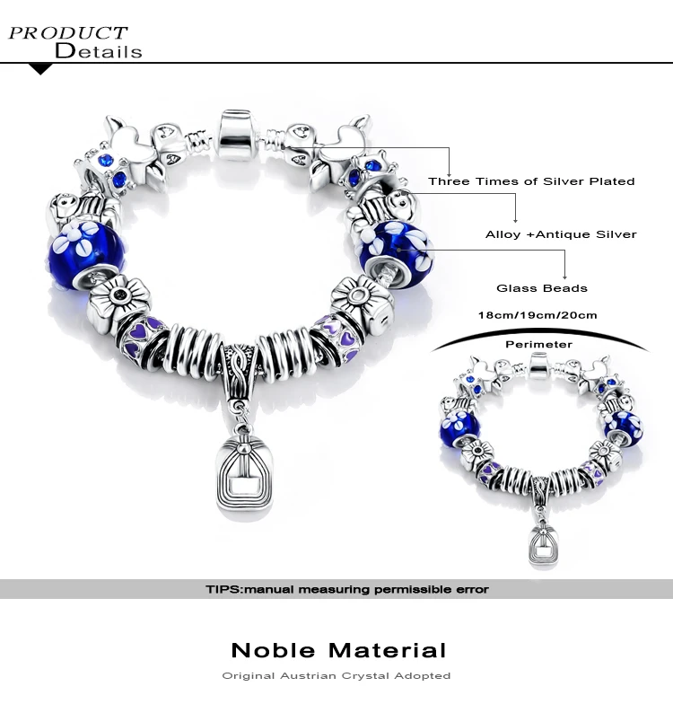 DEVOLOVE Богемия Strand Шарм Серебряная пластина голубой Стекло змея браслет-цепочка с