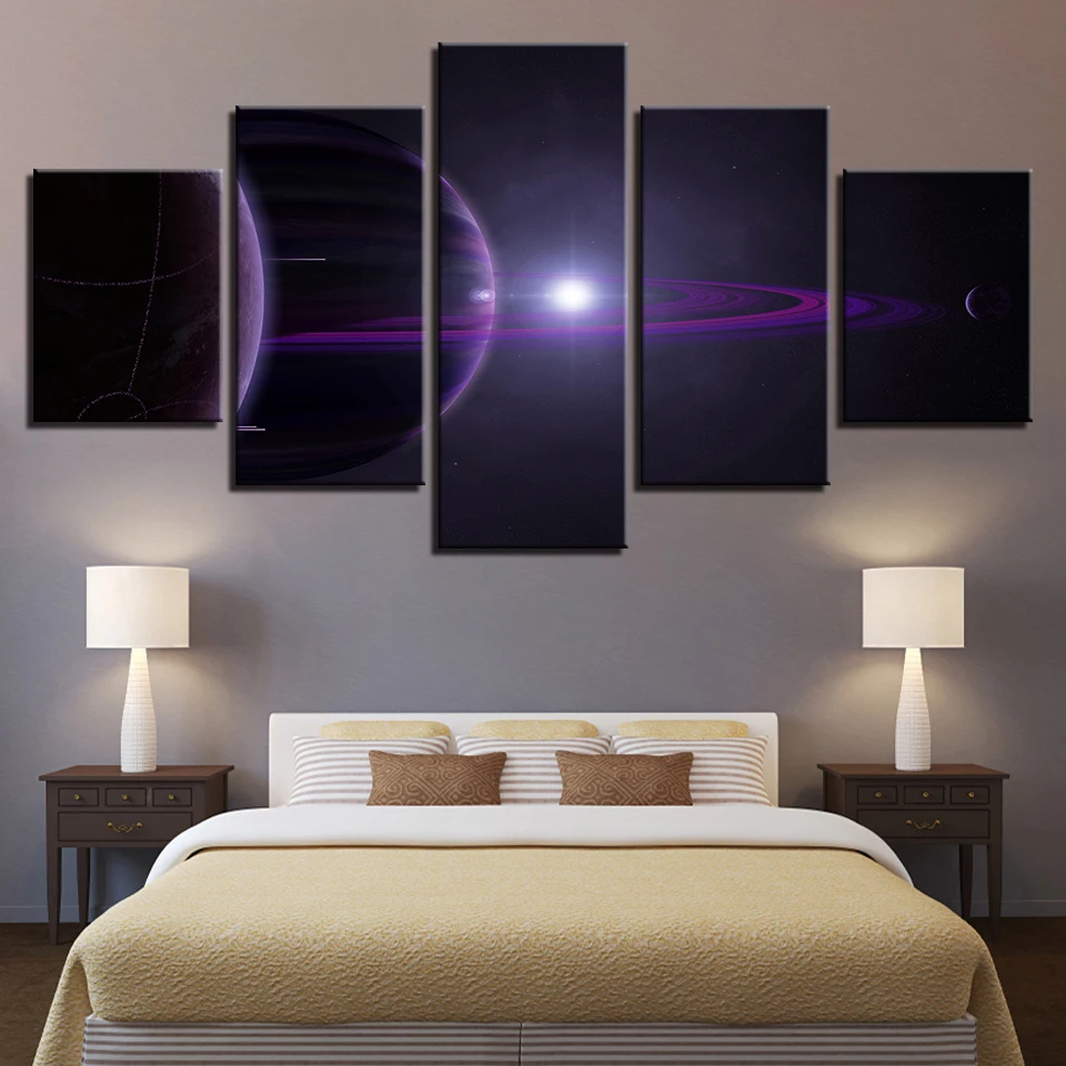 Модульная холст Картины Wall Art рамка 5 шт. Абстрактная живопись фиолетовый планет