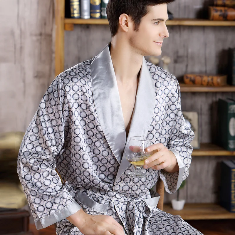 Thoshine Brand Spring Autumn Men Satin Silk Robe Turn Down Collar Pattern Print Superior Quality Male Summer Bathrobe Pijamas