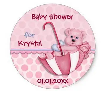 

1.5inch Umbrella Bear Pink Polka Dot Baby Shower Classic Round Sticker