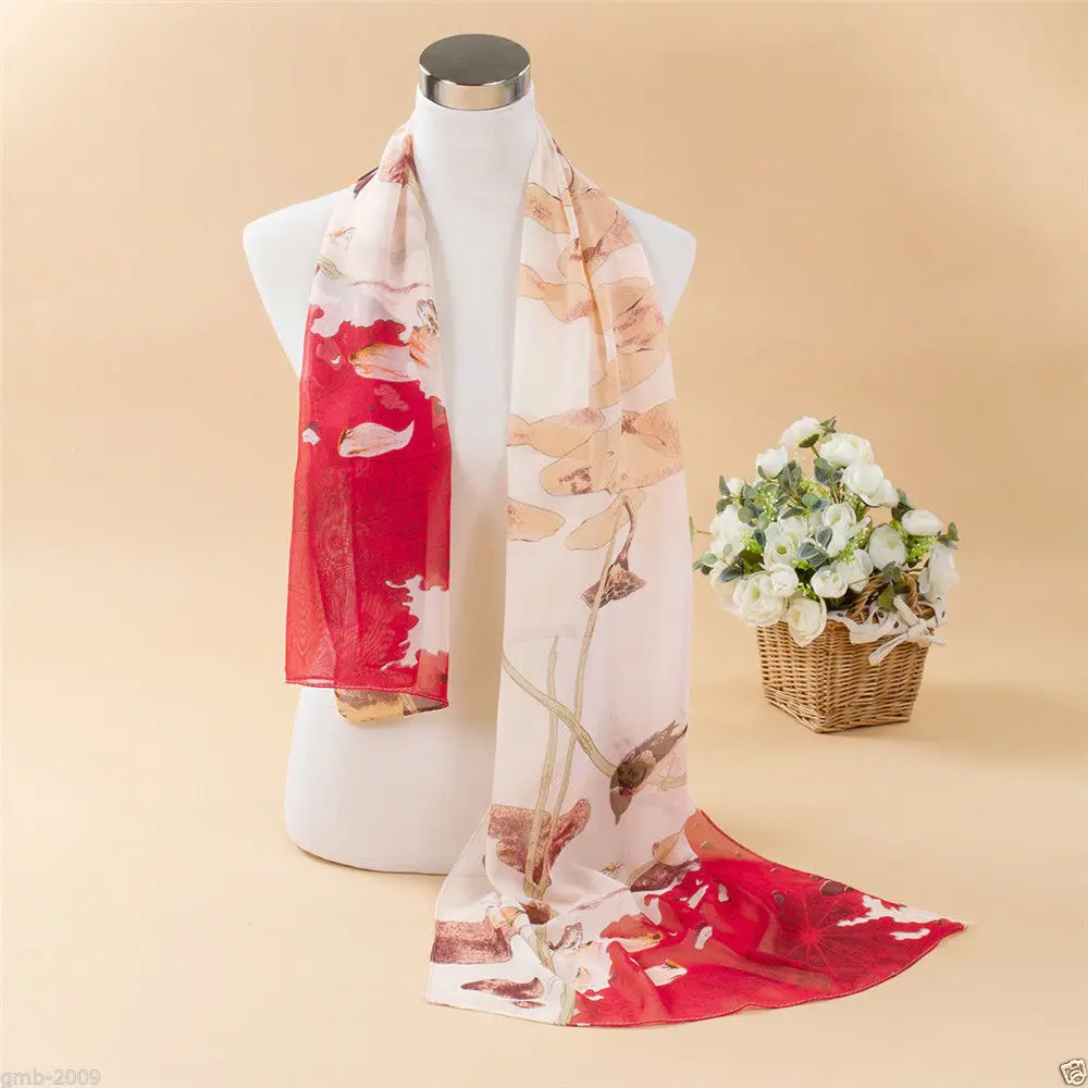 Мода женская красный цветок лотоса тонкими шифон пляж украл шарф|scarf clasp|scarf